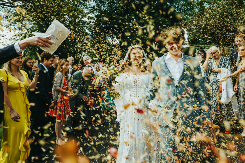 confetti exit captured by Huddersfield wedding photographer