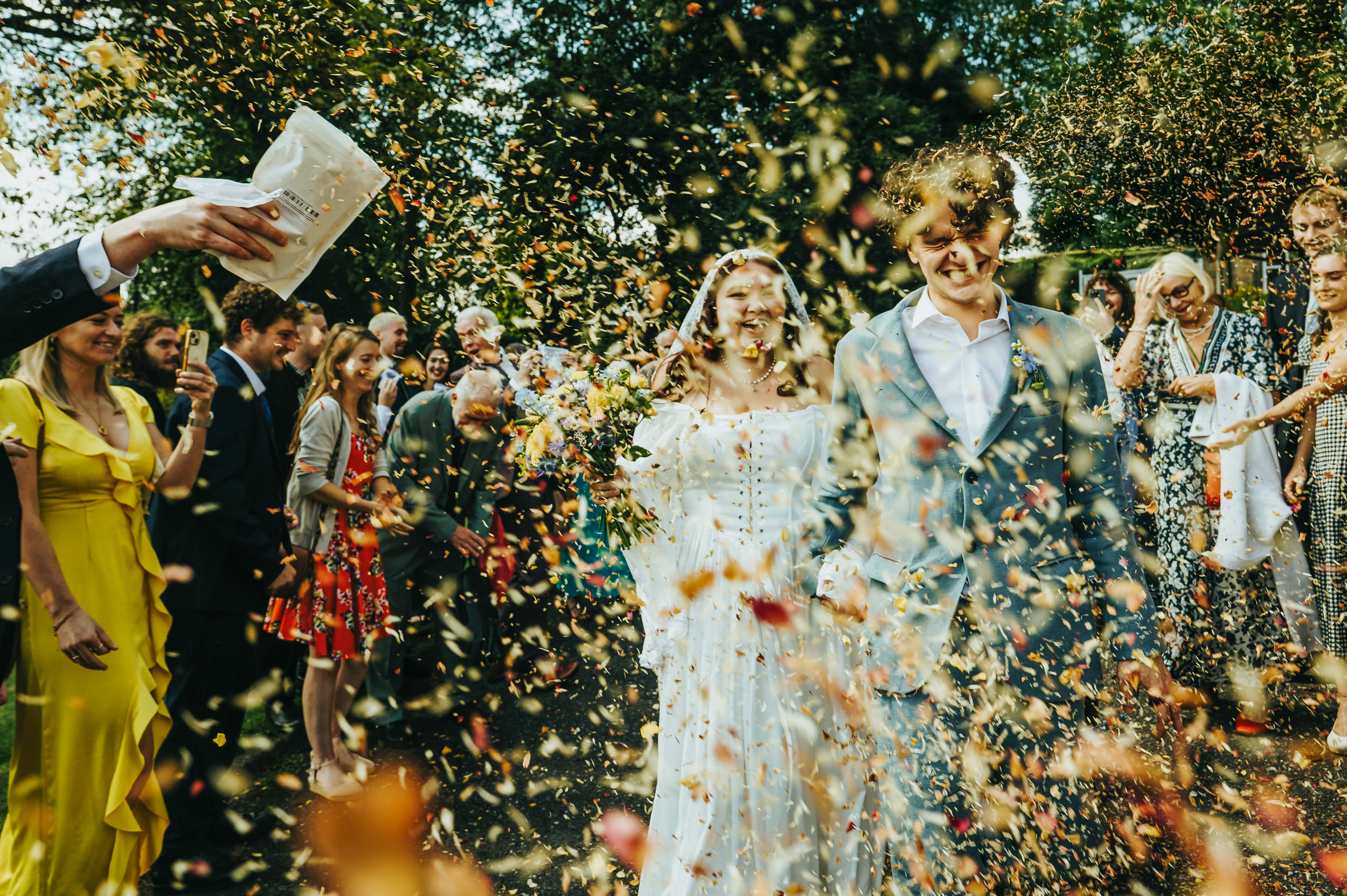 confetti exit captured by Huddersfield wedding photographer